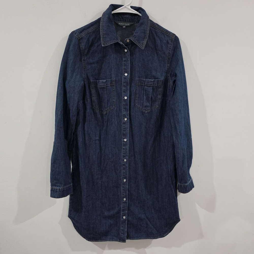 Womens Chambray Pearl Snap Mini Shirt Dress Size 10 Blue Cowgirl Roll Tab Sleeve
